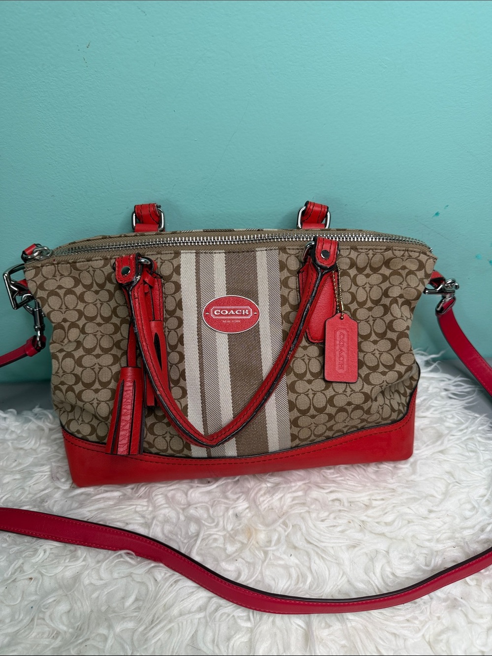 Coach Signature Canvas Satchel with Red Leather Trim